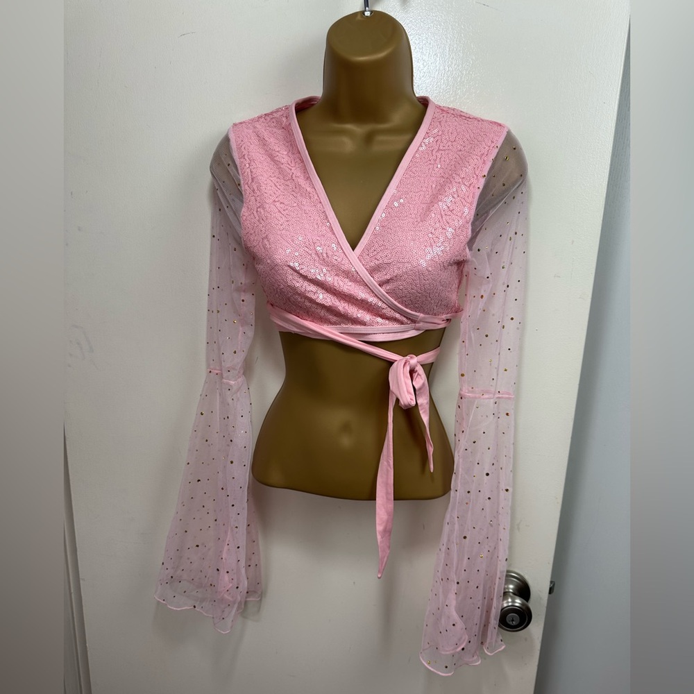 Club Exx X Dolls Kill Baby Pink Dazed Dreamer Sequin Bell Sleeves Wrap Top NWT M
